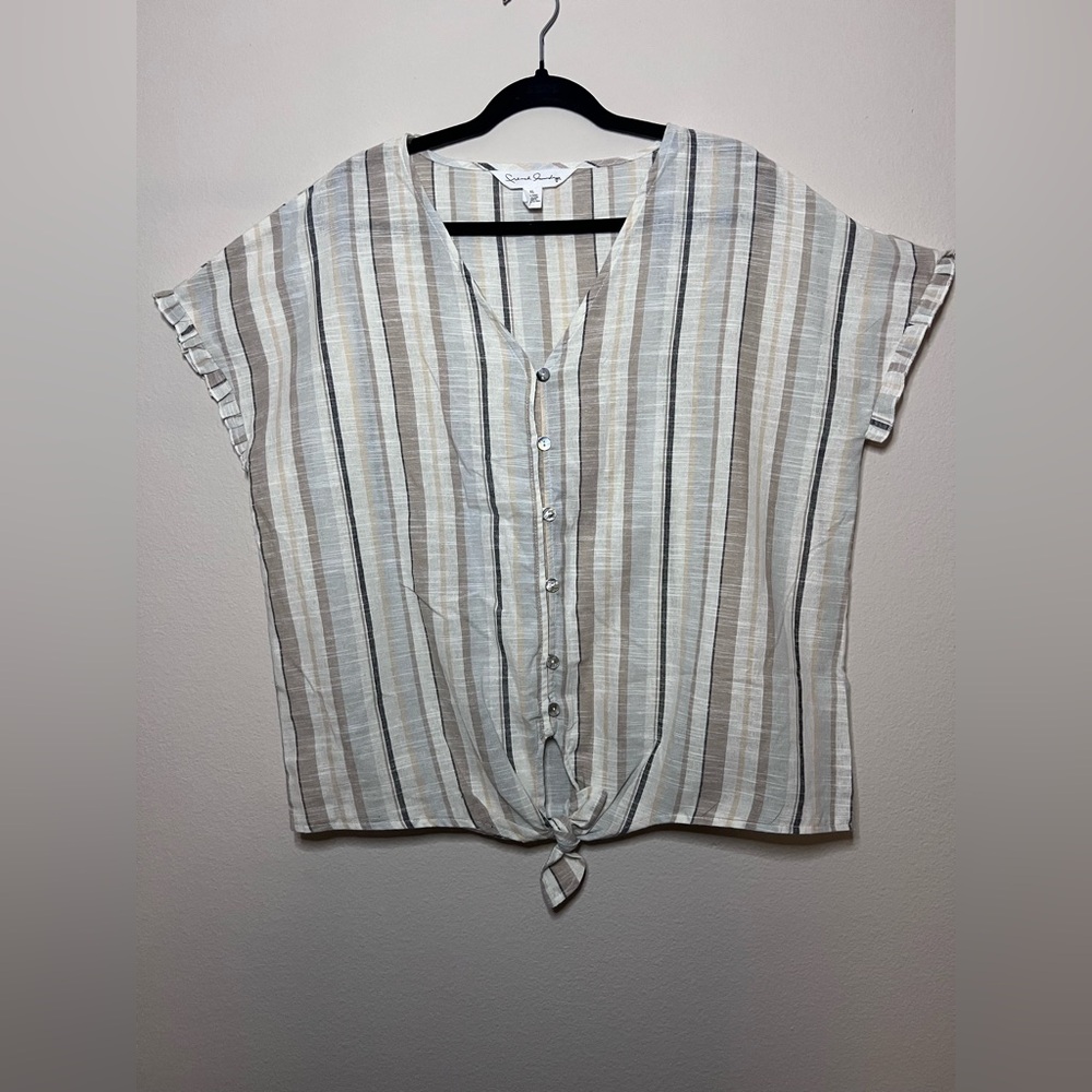 Striped button down blouse with tie front